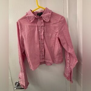 J. Crew Pink Stripe Ruffle-Collar Cropped Shirt